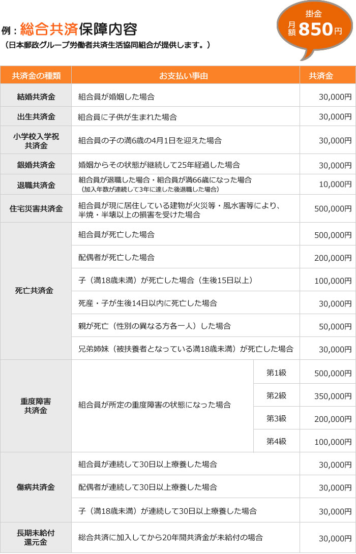 総合共済保障内容/掛金：月額850円